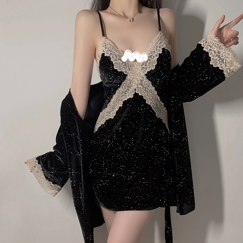 轻奢撒银璀璨丝绒睡衣深V自带胸垫火辣露背吊带睡裙外袍套装