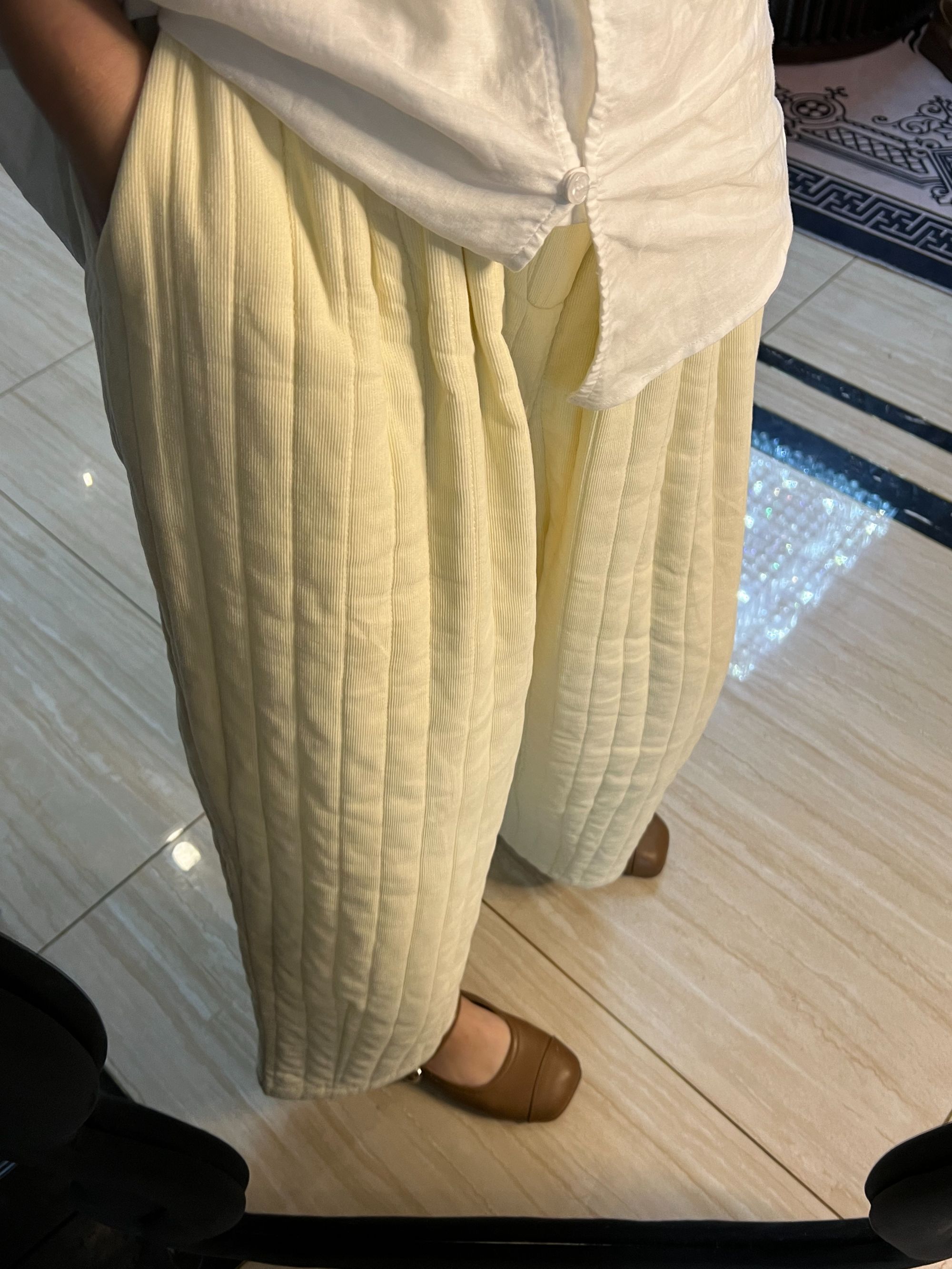 【安姬迩·自制】竖坑条冬季文艺休闲松紧腰保暖宽松棉裤休闲裤