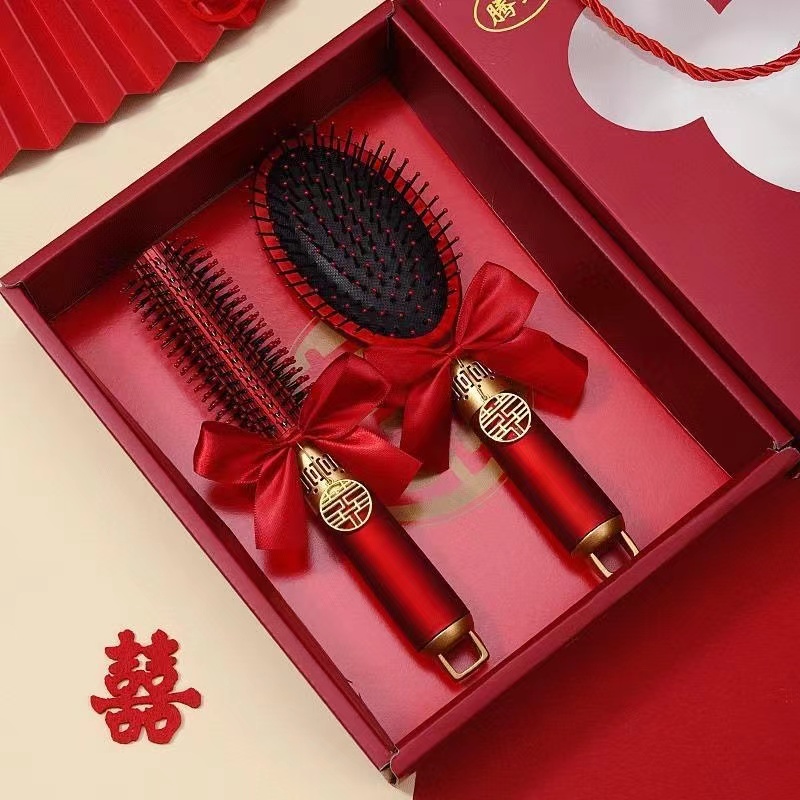 镜子梳子结婚一对红色气垫排骨梳女方陪嫁喜镜礼盒装嫁妆婚庆用品