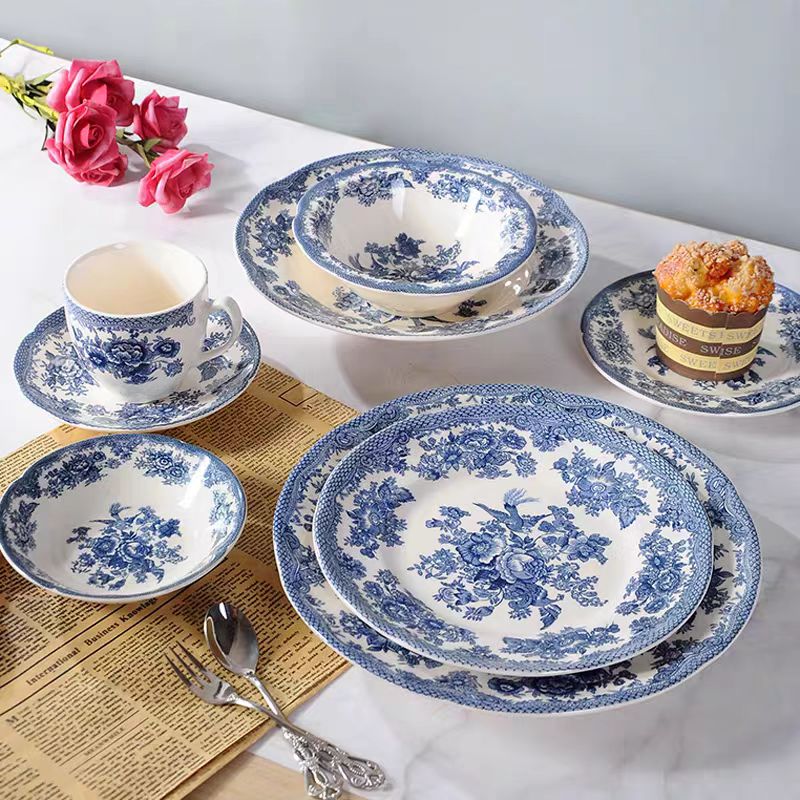 釉下彩外贸气质蓝色款蓝鸟系列英美式餐盘家用牛排盘摆盘碗咖啡杯