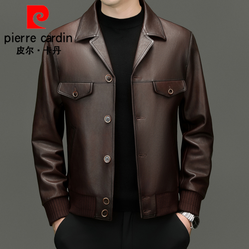 皮尔卡丹皮衣男外套高端商务休闲男装真皮绵羊皮夹克2025秋季新款
