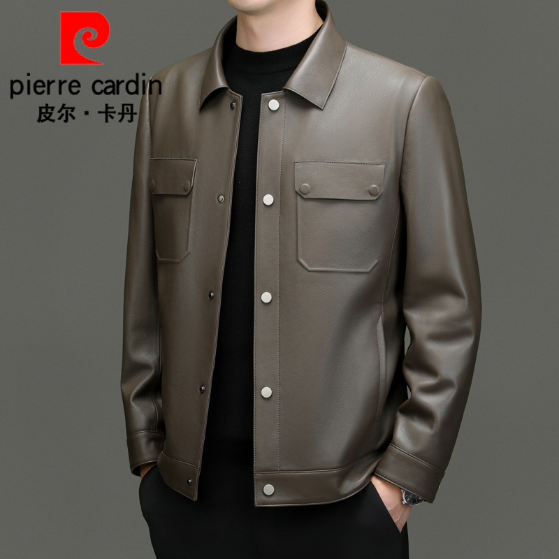 【头层绵羊皮】皮尔卡丹真皮皮衣男士翻领宽松商务时尚春秋休闲外套