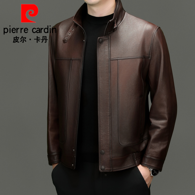 皮儿卡丹正品男士男款绵羊皮皮衣立领设计真皮夹克简约机车风外套