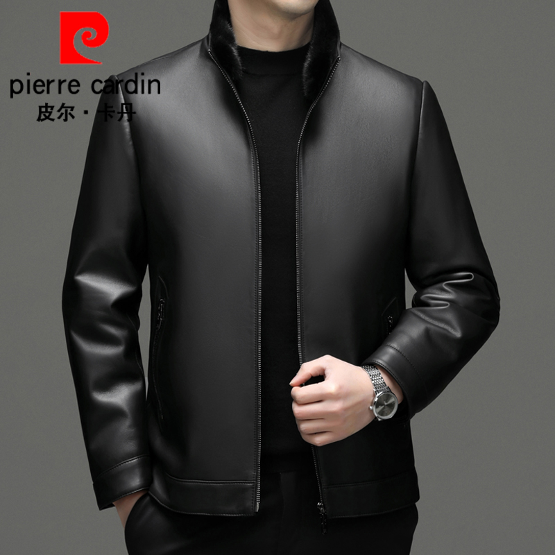(头层绵羊皮  白鹅绒内胆]皮尔卡丹水貂毛领立领高档真皮皮衣男款