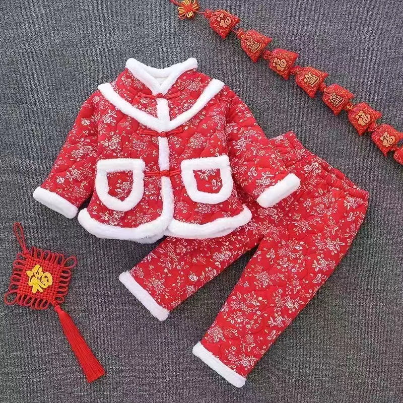 新款冬季儿童东北大花棉袄套装加厚棉衣拜年服女童红色两件套