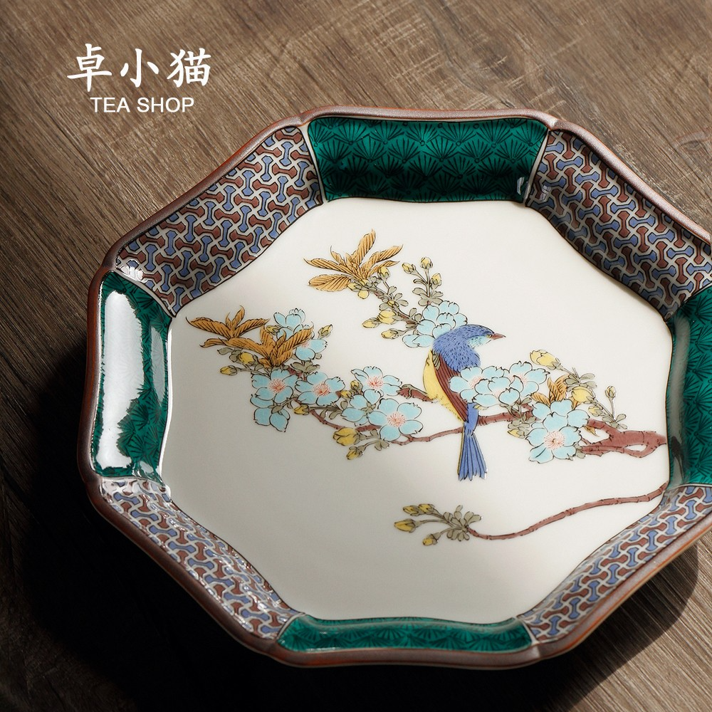 日本原装进口九谷烧陶瓷复古蓝樱花鸟图大号家用葵口盘盘子A34