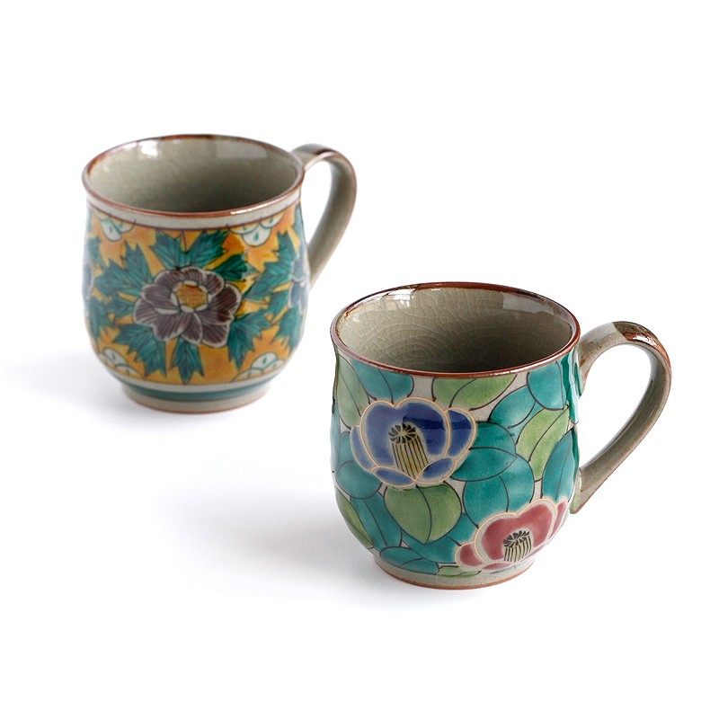 日本进口九谷烧瓷吉田屋京山茶花复古马克杯咖啡杯茶杯水杯子A45