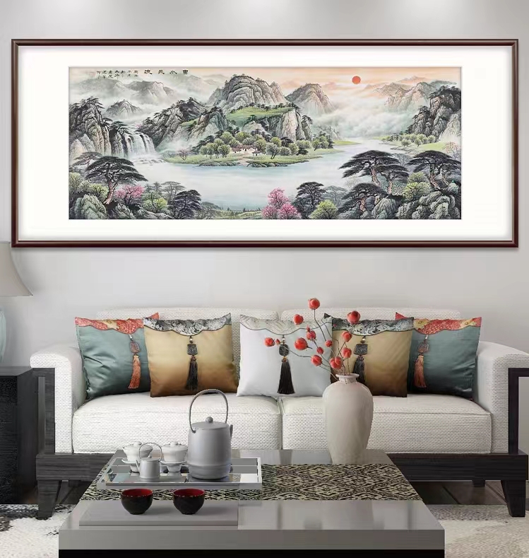 带框装裱 富水长流 国画山水画办公室沙发背景墙画客厅装饰画挂画