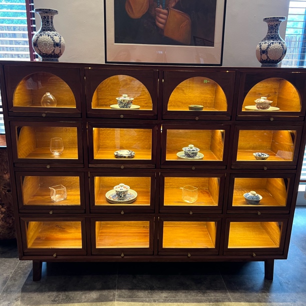 120*150茶室设计实木抽拉多格储物柜客厅展示面包收纳槠木四层柜