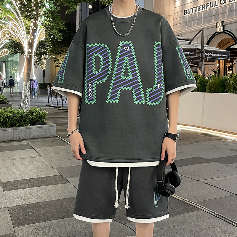 假两件字母印花休闲套装男夏季青少年篮球运动短袖短裤两件套搭配