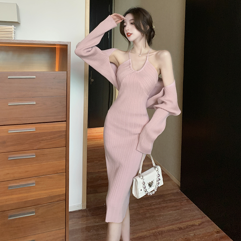 复古女人味法式春秋冬新款针织吊带裙开衫时髦两件套内搭打底气质