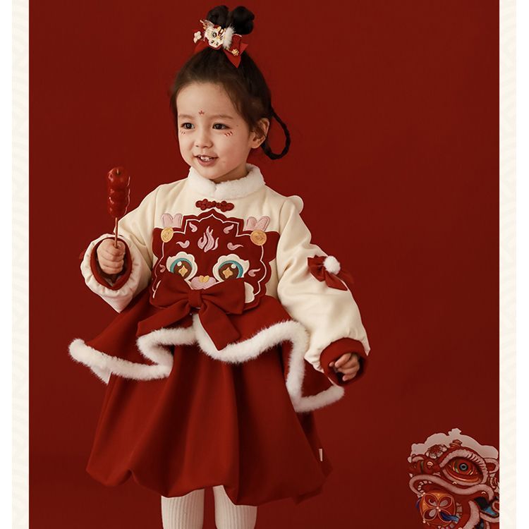 巴拉吧啦2023冬季儿童小女孩拜年服唐装连衣裙宝宝新年衣服中小童