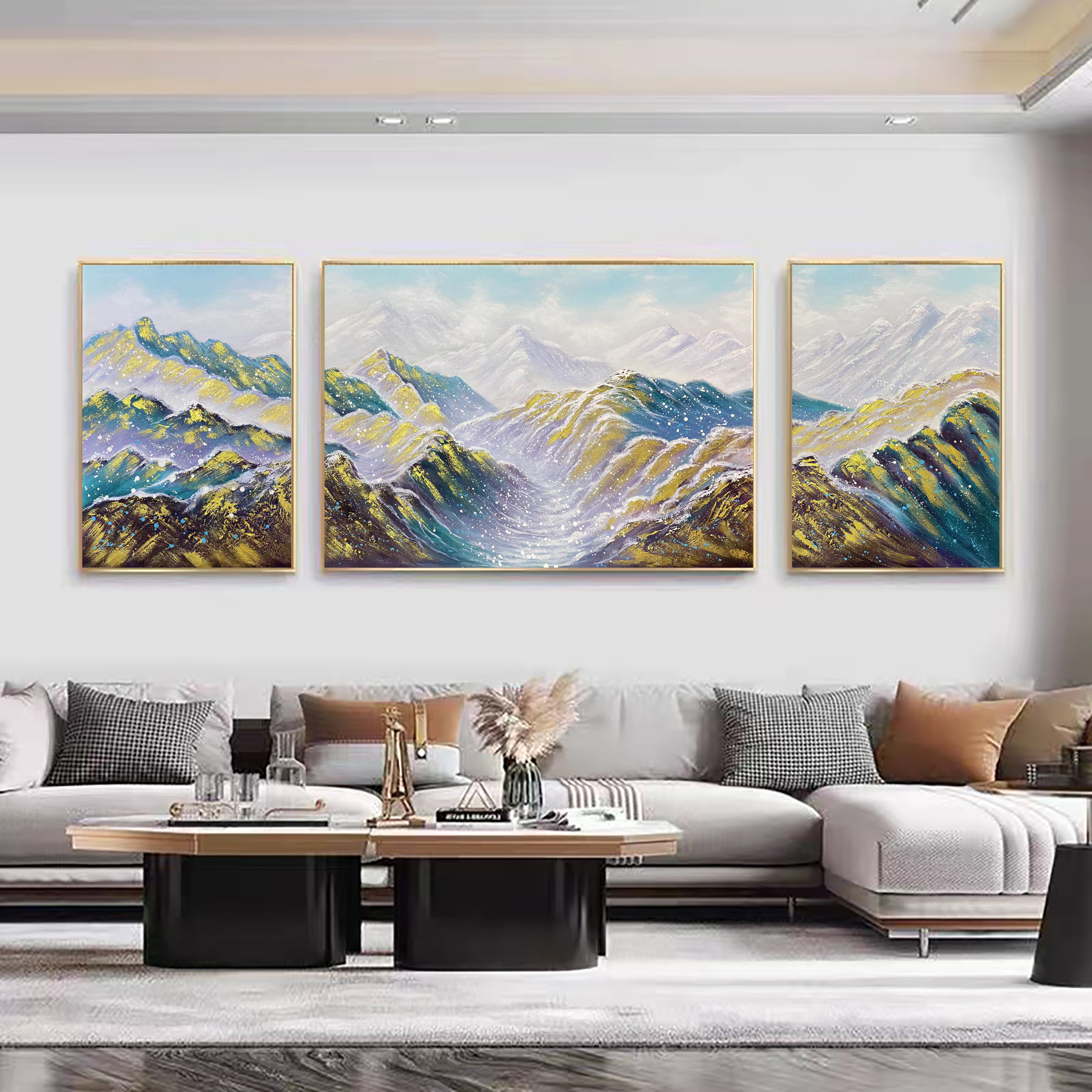 SF 238《孔雀蓝金山》油画装饰画客厅三联画沙发轻奢背景沙发背景