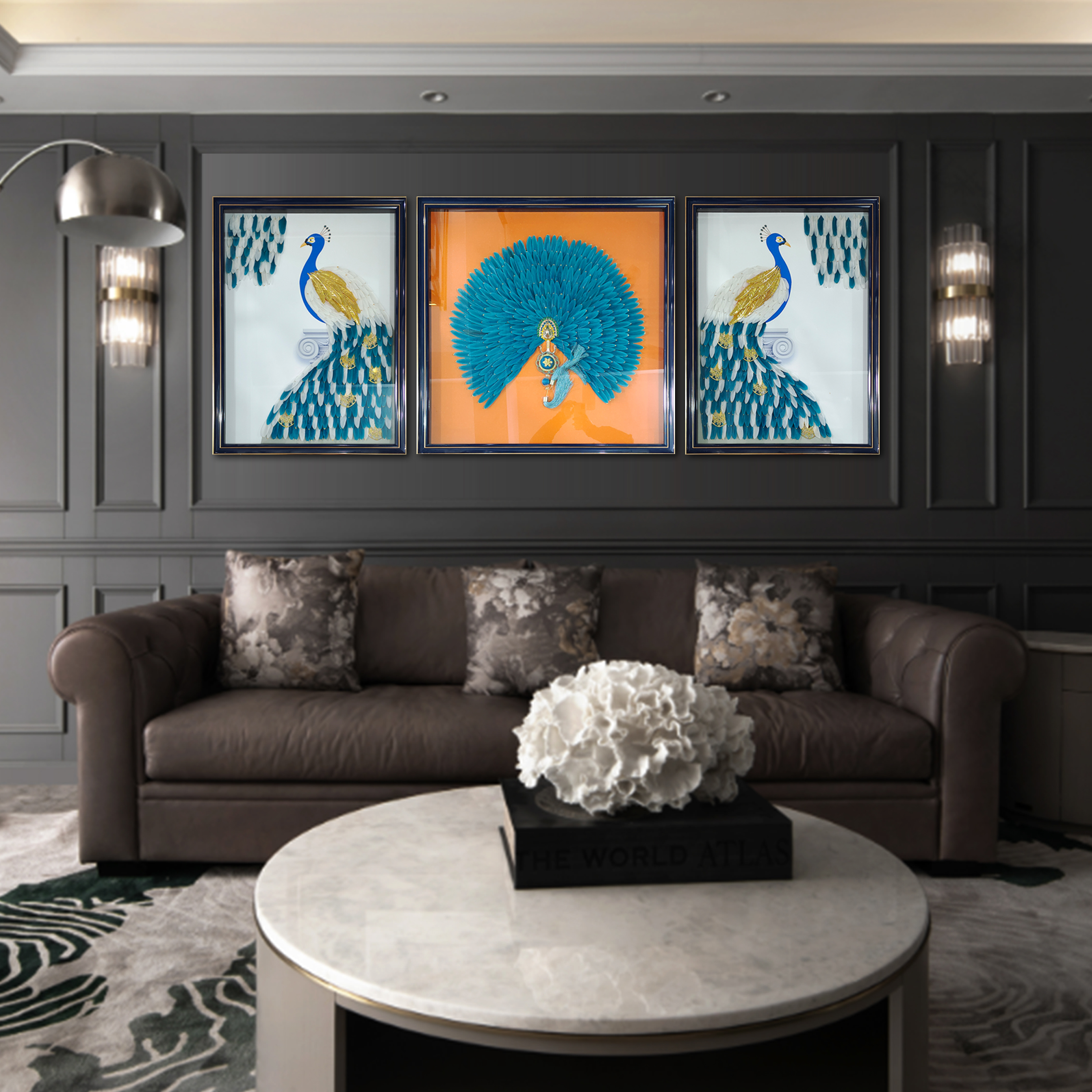 S 59  孔雀蓝实物沙发三联画客厅画高端实物立体画横款