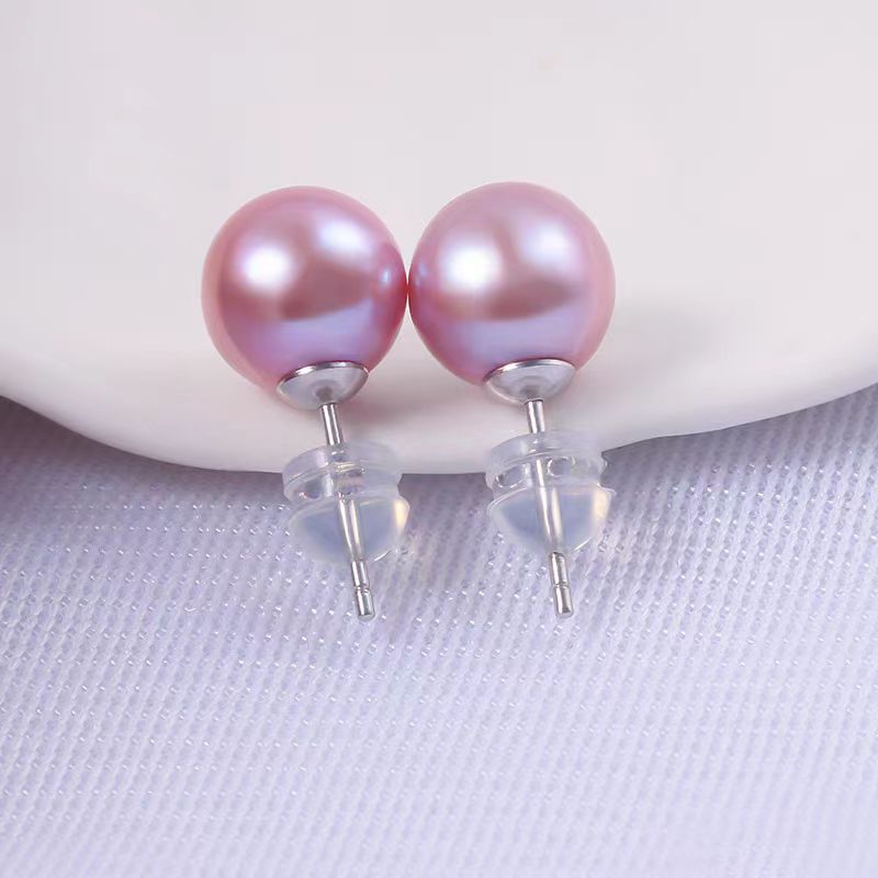 天然珍珠耳钉 6-7mm正圆S925银淡紫素钉 气质简约精致百搭