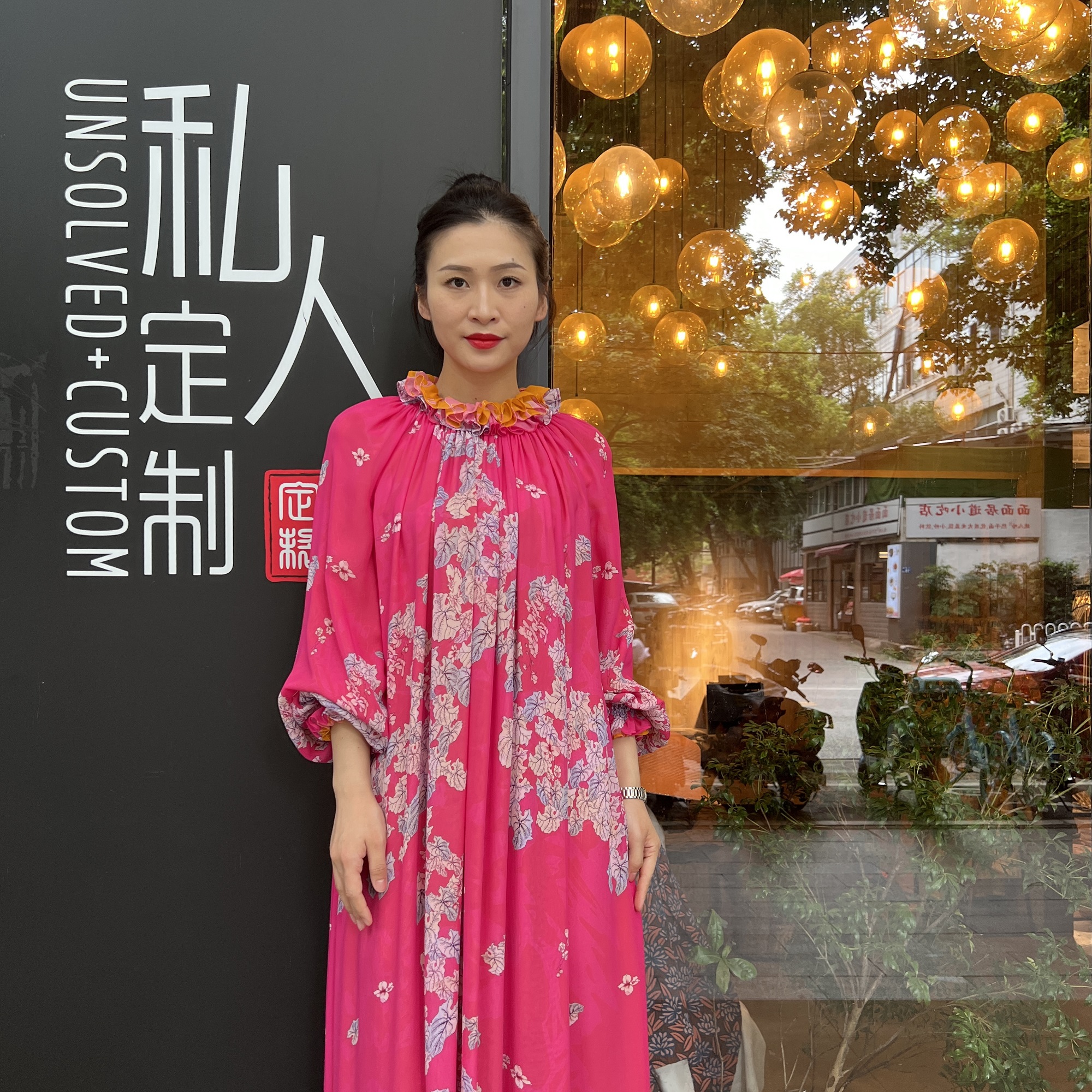 UNSOLVED CUSTOM/未解玫色橘黄两穿花瓣领抽绳度假风乔其纱长裙