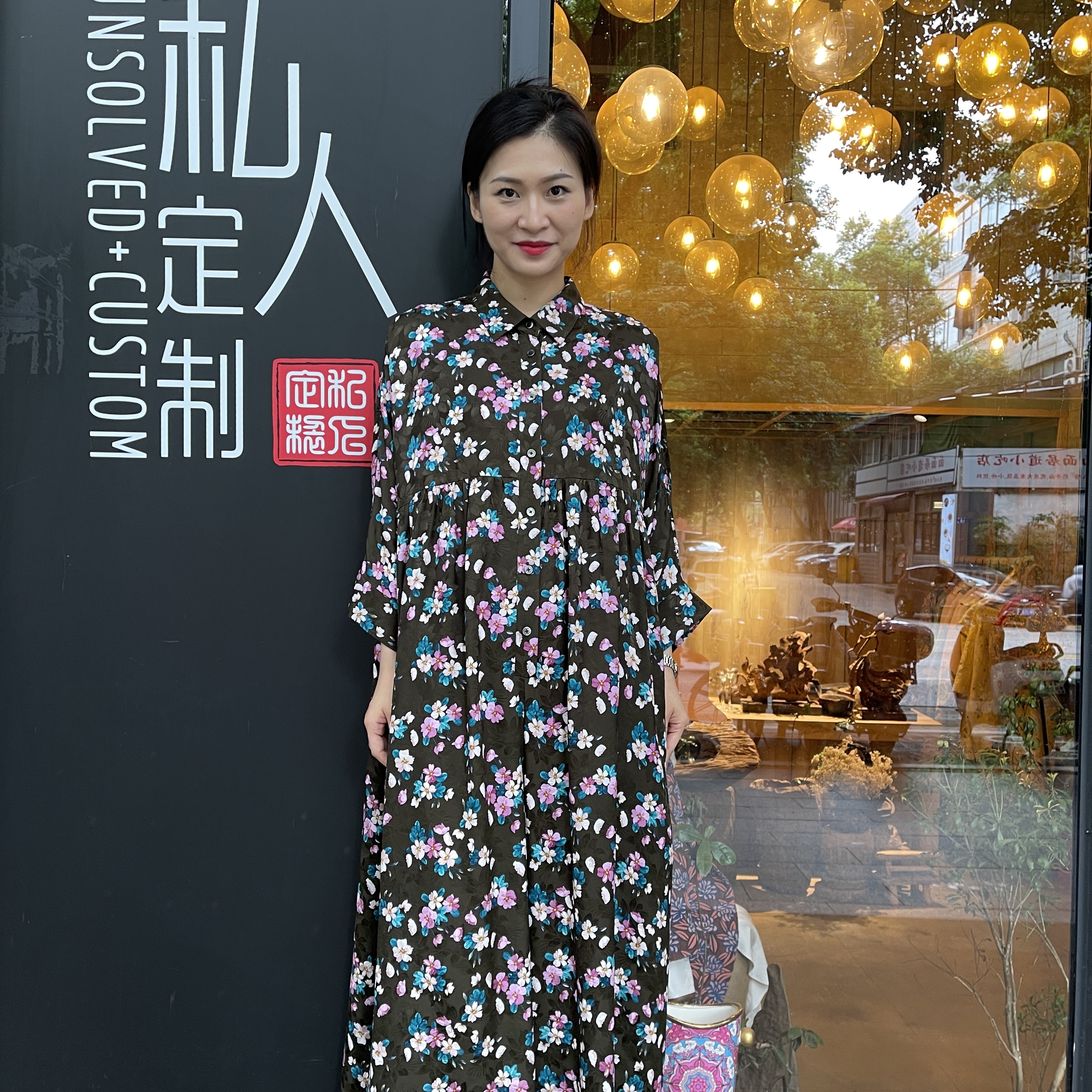 UNSOLVED CUSTOM/未解咖底小碎花翻领时尚印花真丝夏季连体裤长款