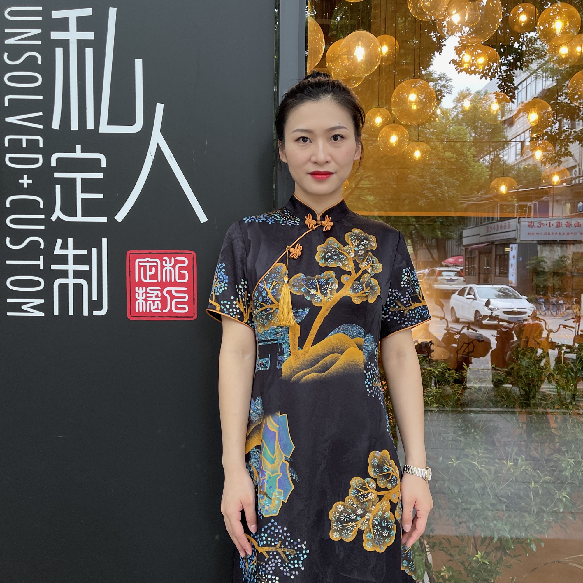 UNSOLVED CUSTOM/未解【旗开得胜】黑底花中式斜门襟夏天长款旗袍