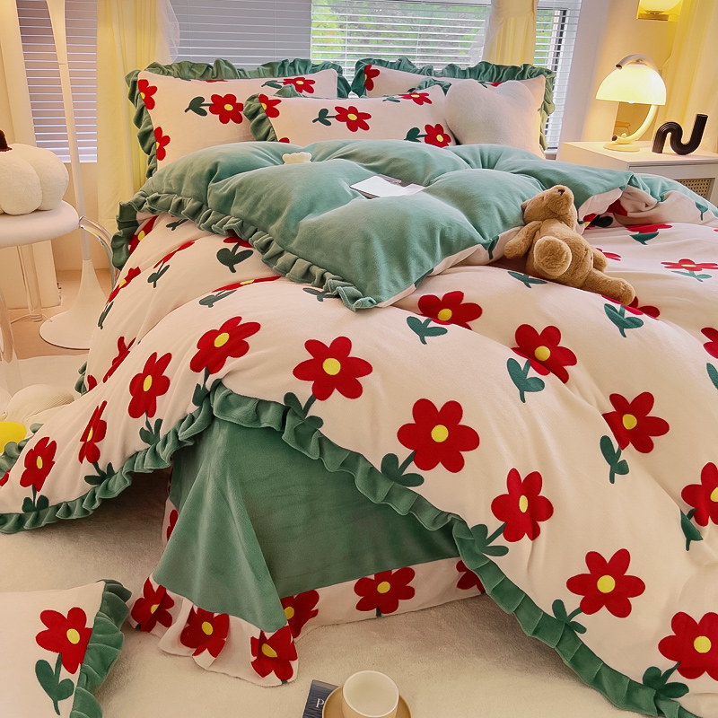 冬季加厚牛奶绒四件套公主风珊瑚绒双面绒被套加绒床单防静电床品