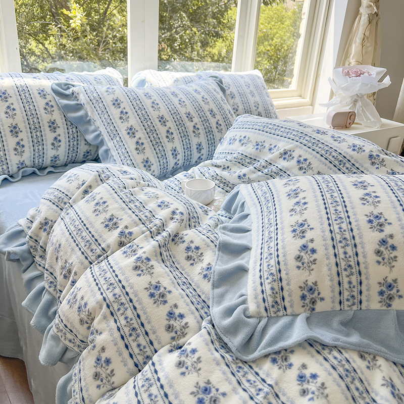 轻奢韩式公主风花边双面绒加绒牛奶绒四件套防静电不掉绒被套床品