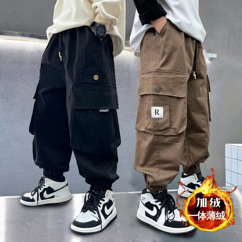 男童加绒工装裤中大童冬季新款时尚一体绒棉布宽松休闲运动长裤潮