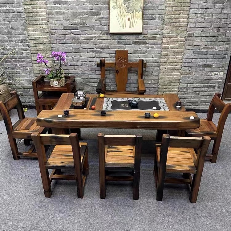 2023款茶桌现代老船木户外茶台烧水壶一体嵌入式茶几桌椅客厅家用