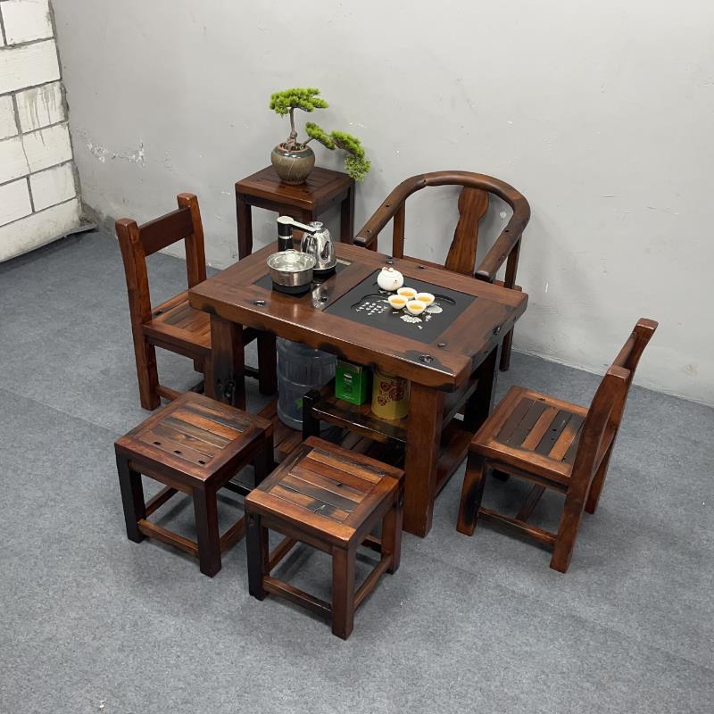 老船木茶桌椅组合实木仿古阳台小茶台户外防晒茶几简约实木茶桌