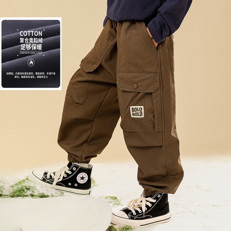 男童工装裤加绒秋冬新款2024年儿童中大童男孩宽松洋气休闲长裤潮