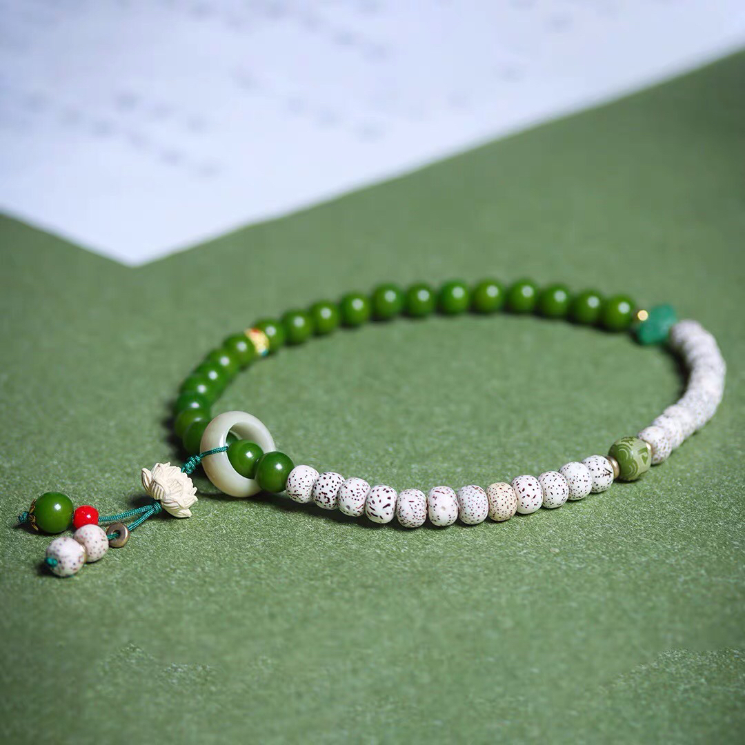 白玉菩提绿菩提星月莲花双圈手链