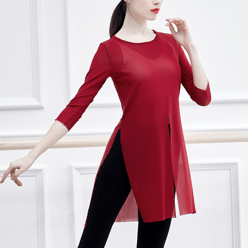 古典舞蹈练功服装女现代民族艺考教师中长款开叉演出形体网纱上衣