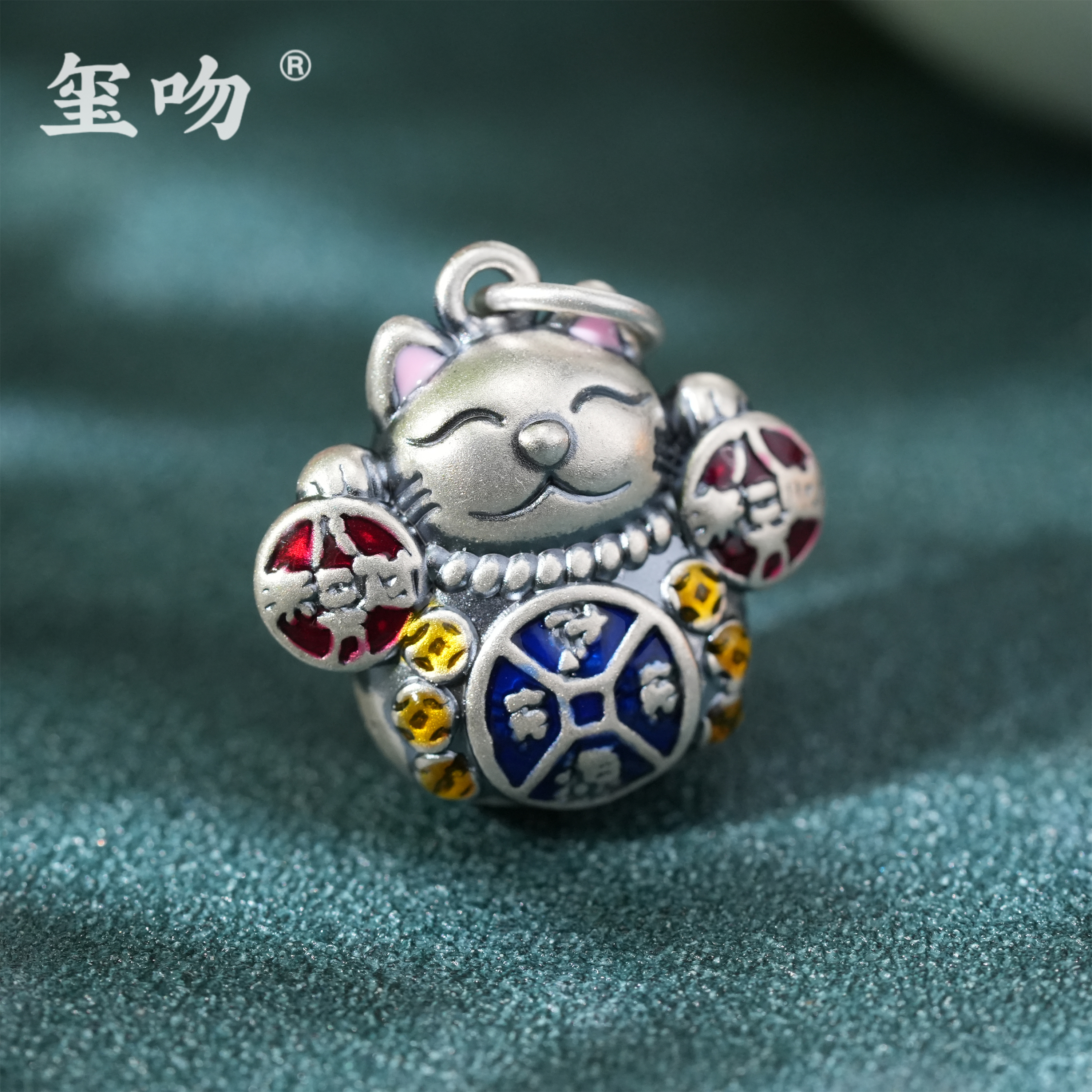 吊坠足银 【玺吻】足银999  招财猫吊坠 可爱烧蓝可DIY配件足银吊坠