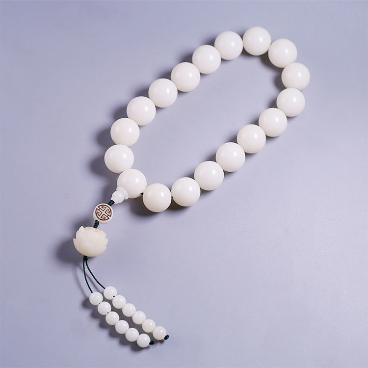 【文玩手串】原生态白玉菩提根十八籽莲花吊坠手持佛珠男女款圆珠