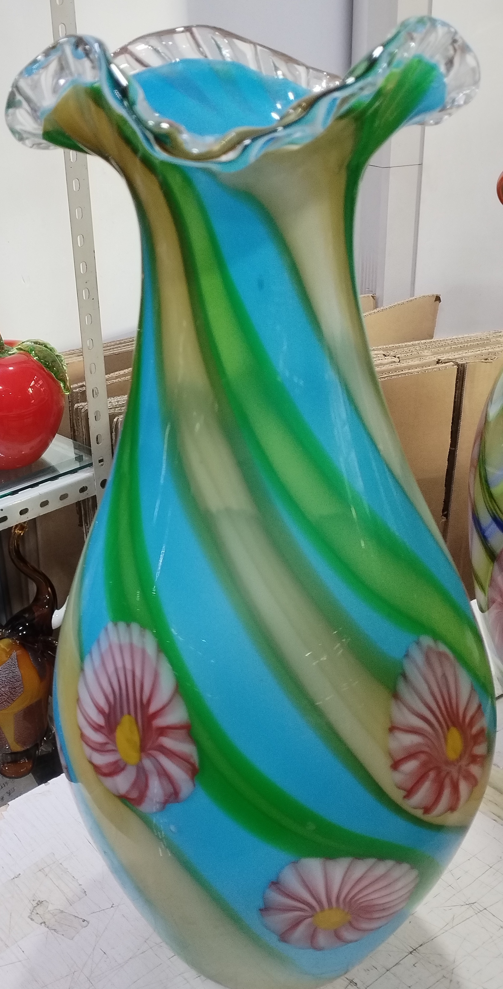 手工琉璃异形蓝绿色水晶描边花瓶家居摆件蓝色工艺品
