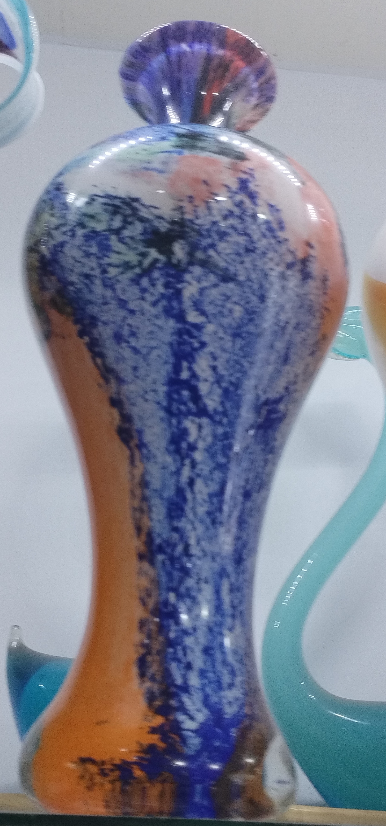手工琉璃异形蓝橙色梅瓶家居摆件 