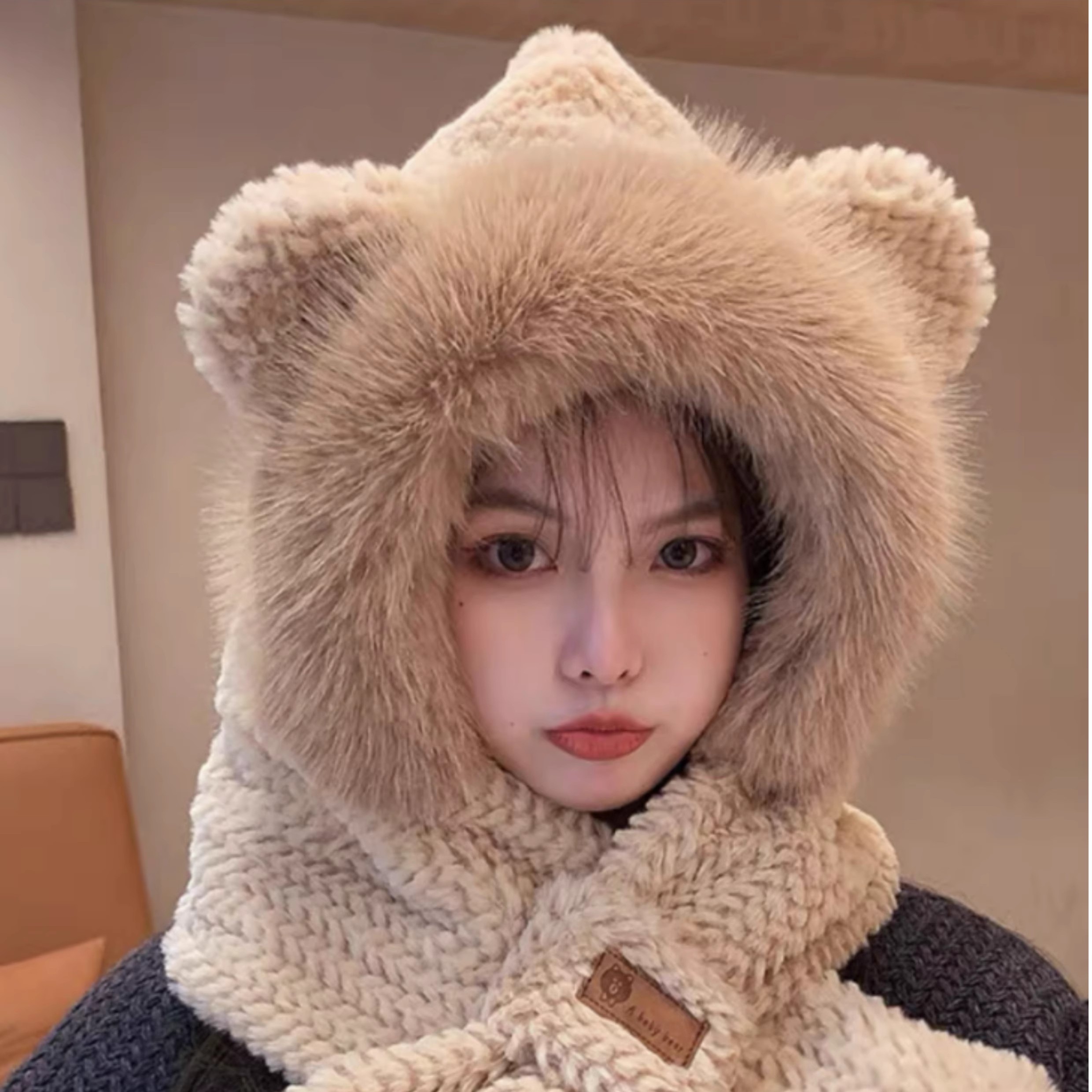 可爱小熊帽子围巾一体女冬季雷锋帽子女冬款加绒保暖护耳防寒帽潮