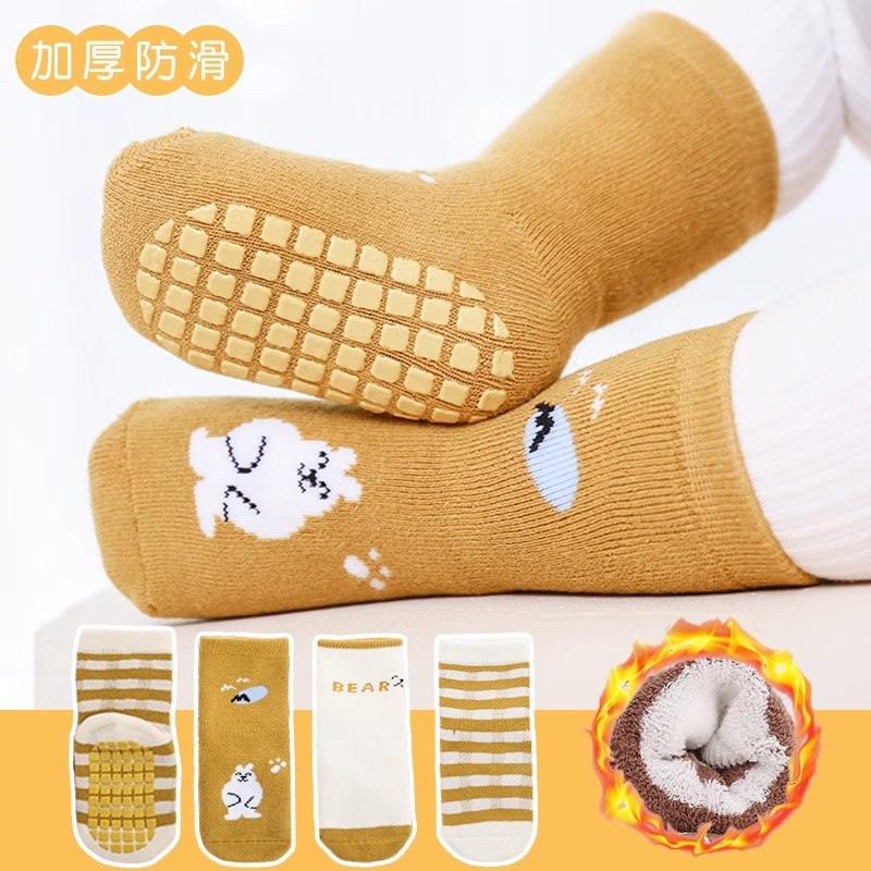 D78婴儿袜子秋冬季新生儿童中筒袜加绒防滑学步加厚宝宝地板袜