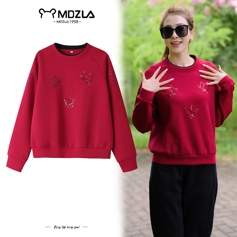 9857假两件蝴蝶珠片刺绣圆领卫衣女新款减龄宽松休闲时尚上衣外套