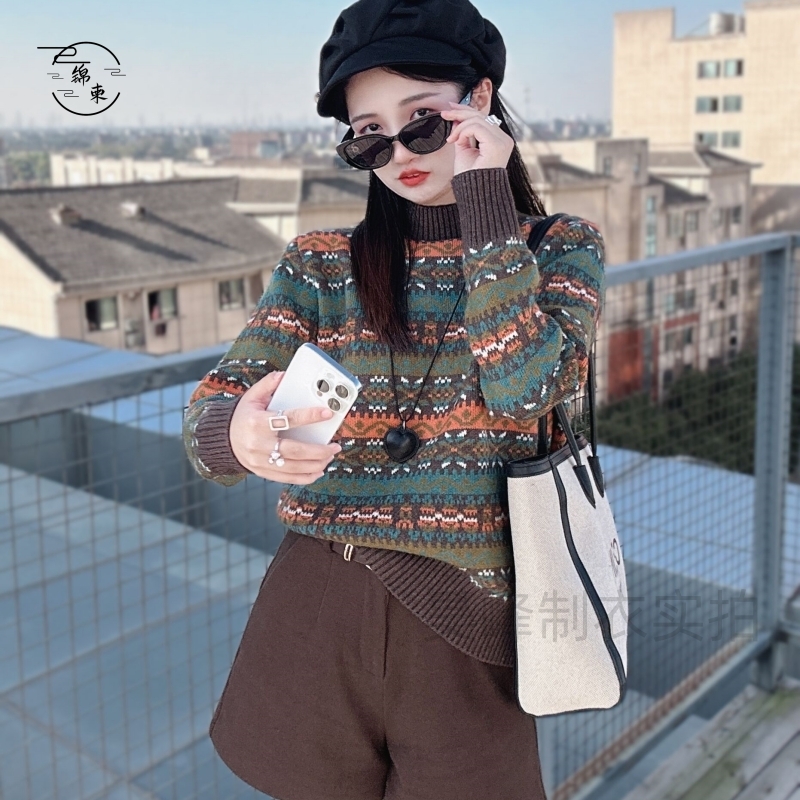 锦柬冬季时尚百搭女款2023款民族风加厚半高领内搭外穿毛衣针织衫
