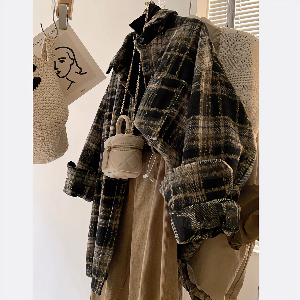 小众独特超好看小香风毛呢格子衬衫2025秋冬新款加厚宽松上衣外套