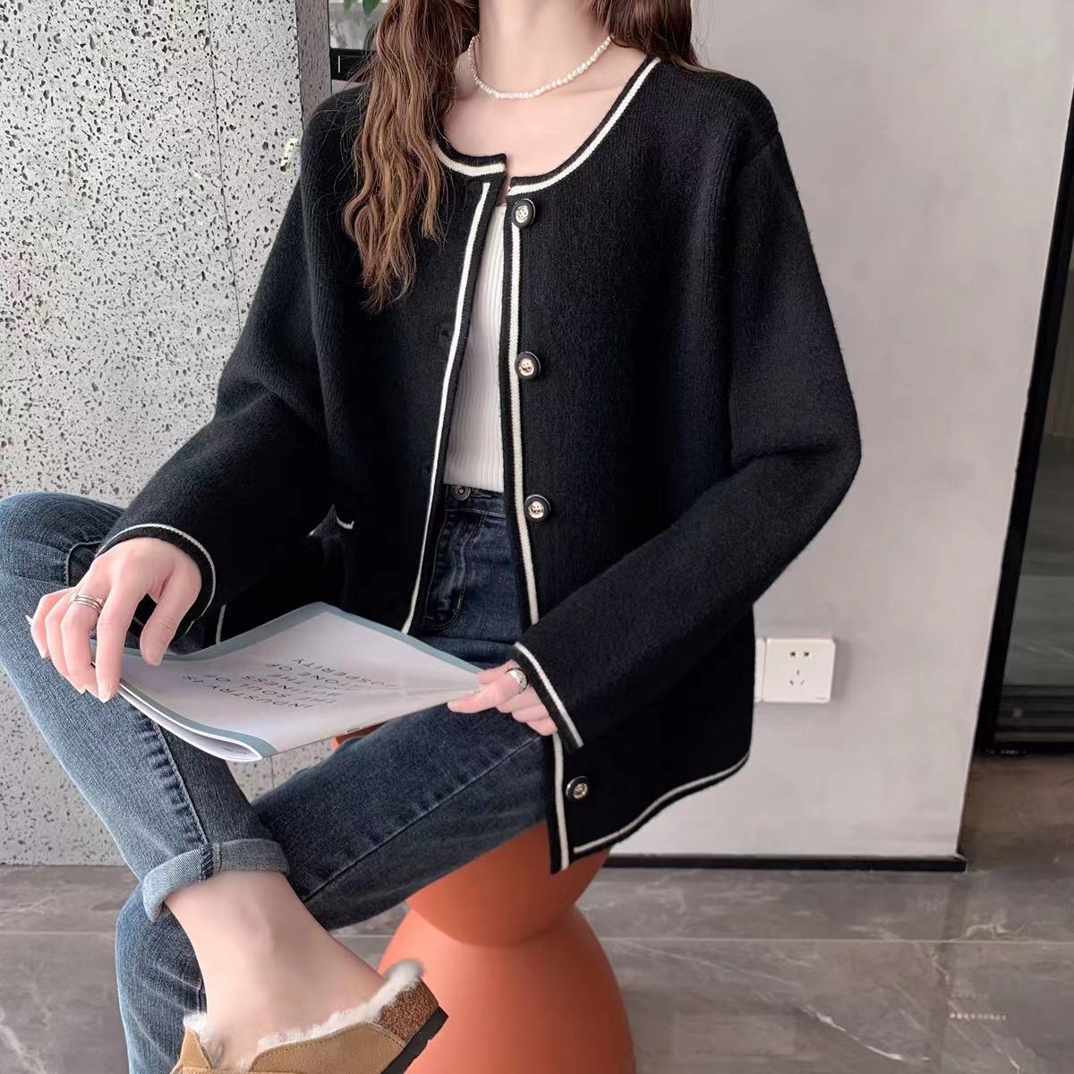 268小香风质感撞色线条开衫外套宽松保暖高级感上衣女复古