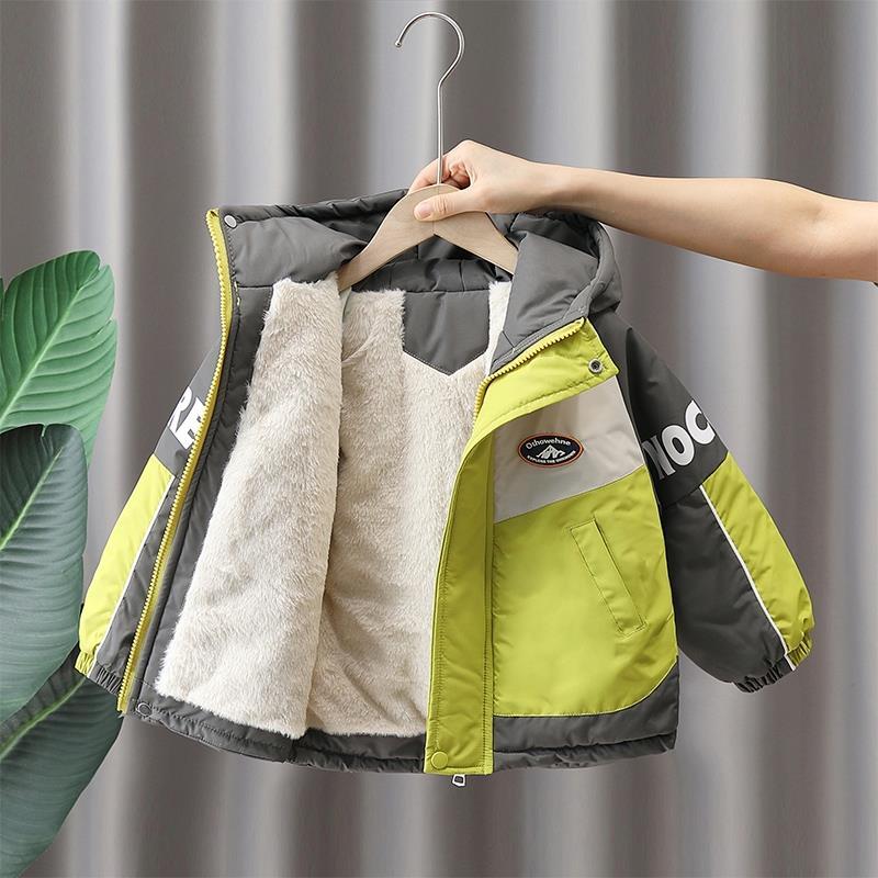 男童冬季棉衣2023新款儿童加绒加厚拼色棉袄宝宝冬款连帽棉服外套