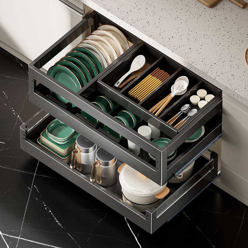 拉篮厨房橱柜三层抽屉式碗架太空铝抽中抽碗柜内收纳碗碟碗篮阻尼