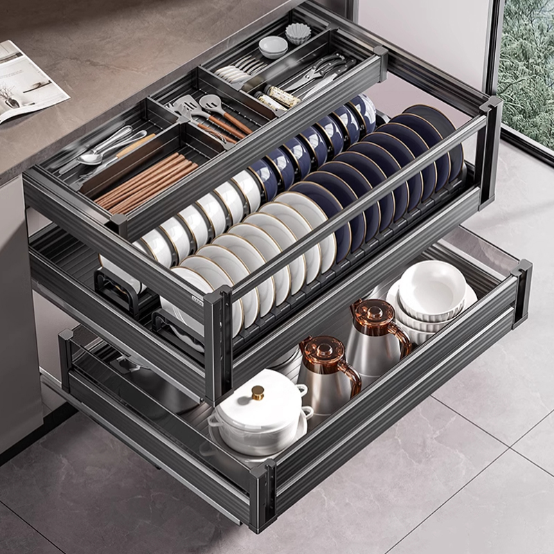 厨房拉篮橱柜抽屉式碟架双层收纳工具篮氛围灯碗篮内置抽拉柜