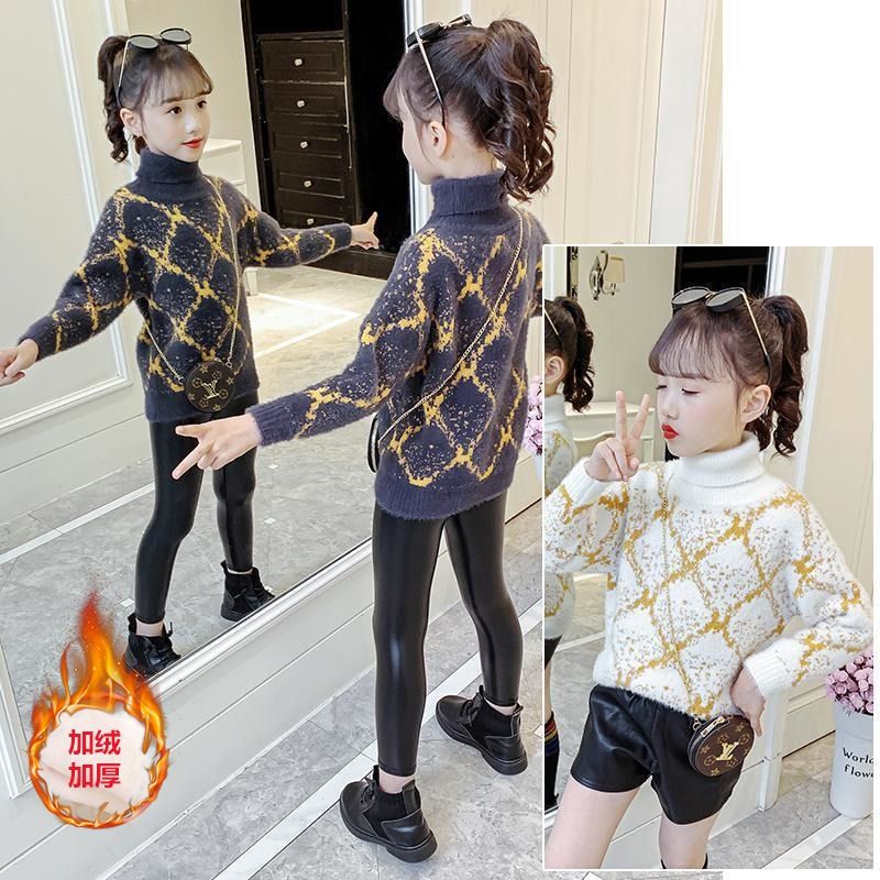棉质女童毛衣套头衫秋冬装2023新款小女孩洋气儿童高领时髦加棉质