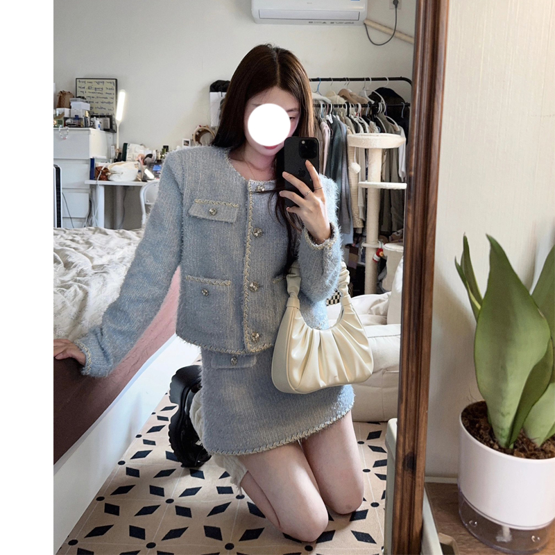 两件套秋冬法式高级感小香风外套高腰显瘦半身裙编制设计时尚套装