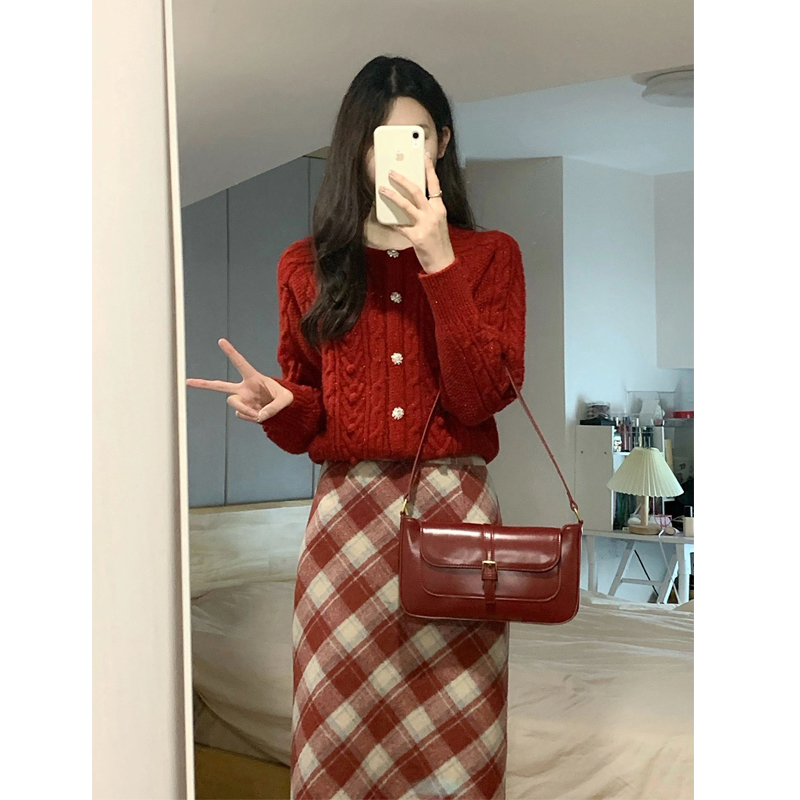 红色开衫毛衣女秋冬新款圣诞宽松针织上衣复古小个子圆领短款新年