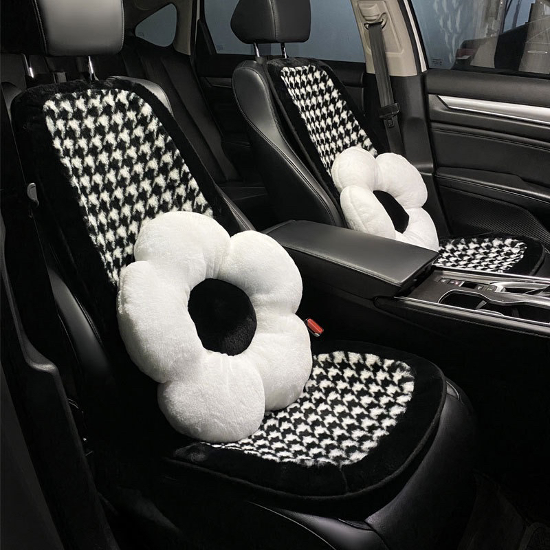 汽车坐垫通用冬季毛绒千鸟格车座椅垫单片小蛮腰女神后排垫子 