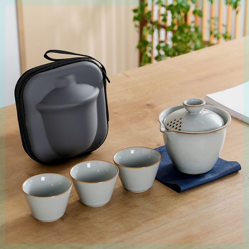 月白汝窑快客杯一壶三杯户外露营茶具套装喝茶陶瓷便携式旅行茶杯