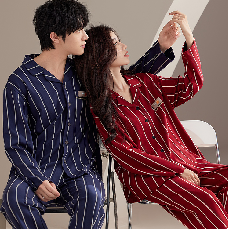 露迪尚品LDC247092-93情侣长袖简约条纹棉质春秋季睡衣家居服男士