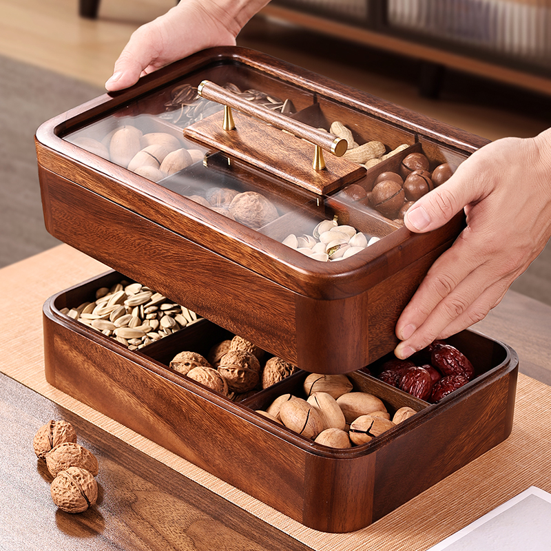 实木干果盒客厅茶几胡桃木轻奢订婚干果盘坚果核桃零食分格收纳盒